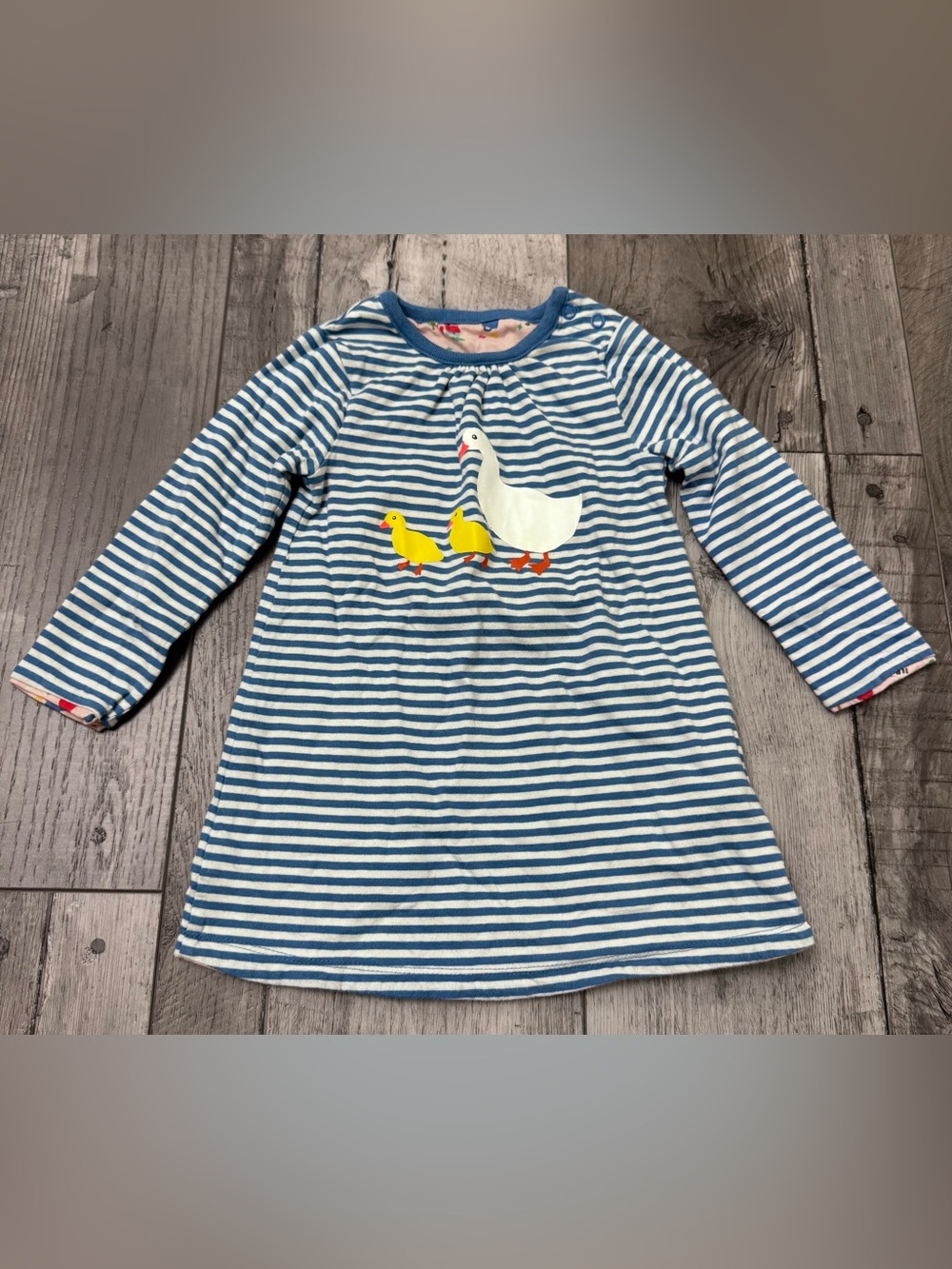 Baby Boden Jersey Dress Goose Bird Striped Blue White 6-12 Months
